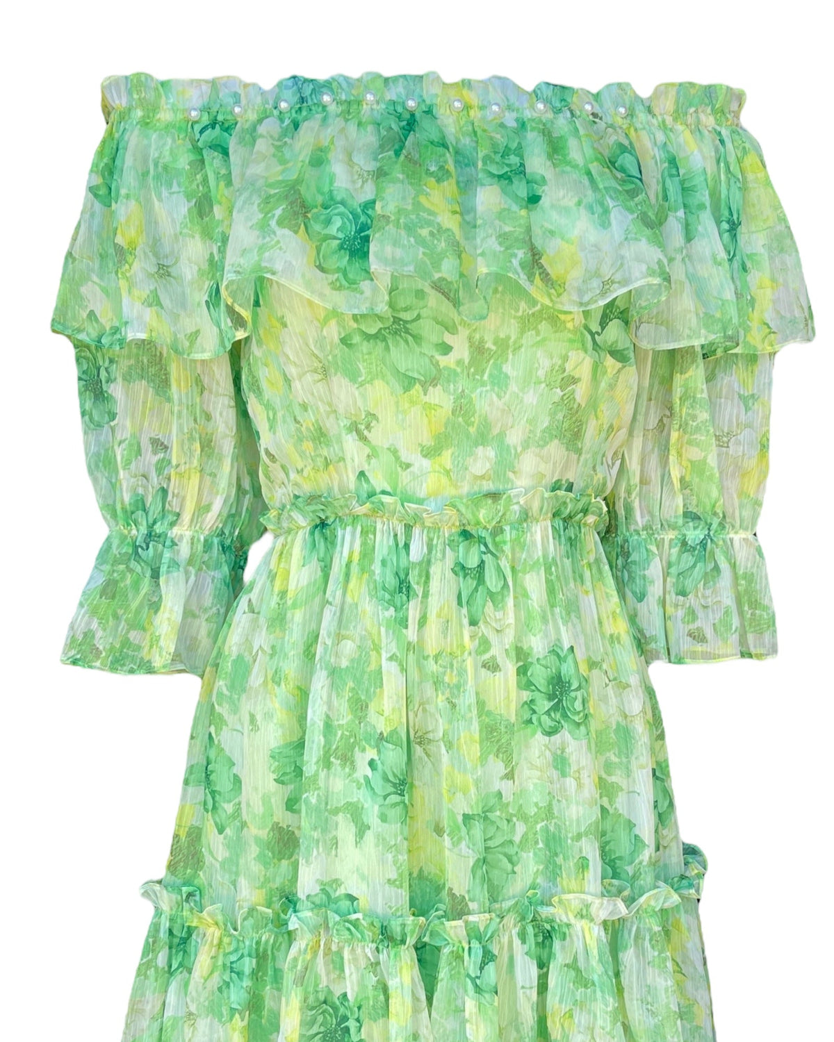 Off-The-Shoulder Floral Ruffle Chiffon Midi Dress - Mia & Jon