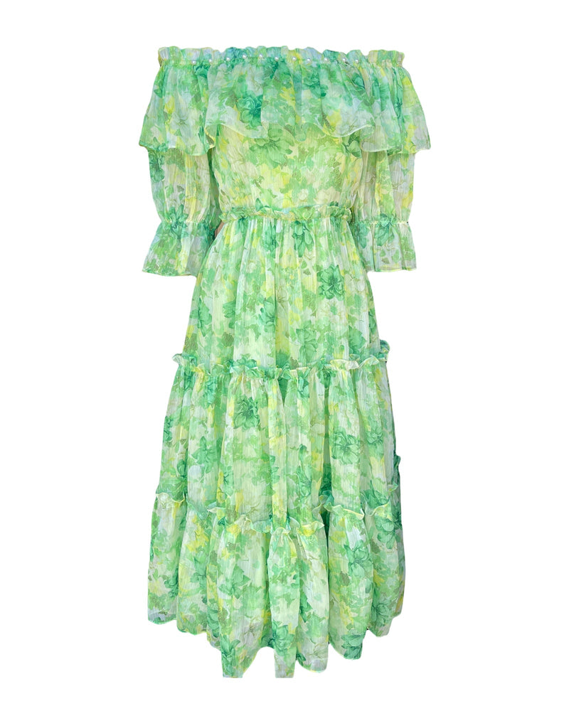 Off-The-Shoulder Floral Ruffle Chiffon Midi Dress - Mia & Jon