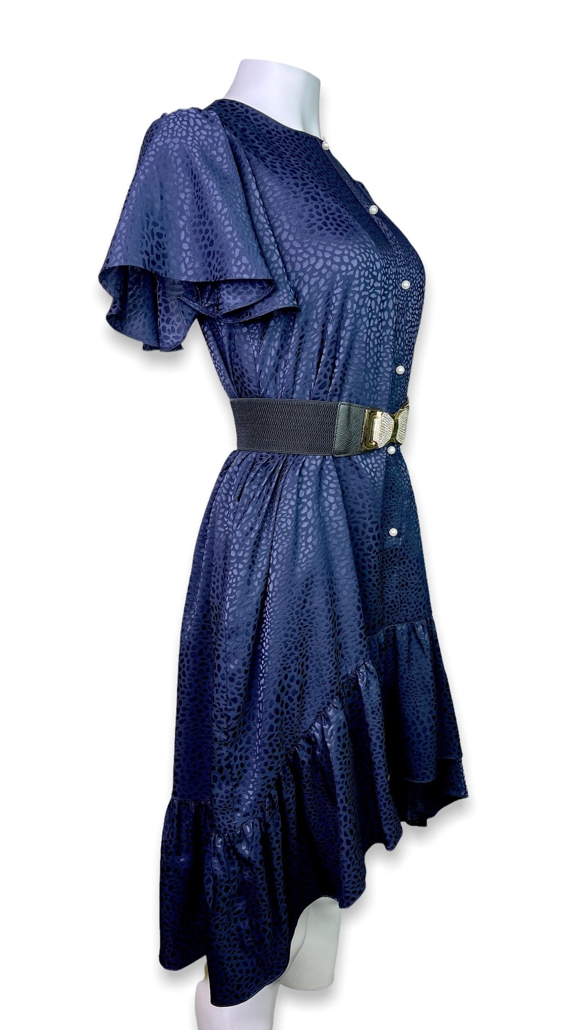 Ruffle High Low Tunic Dress In Navy Blue - Mia & Jon