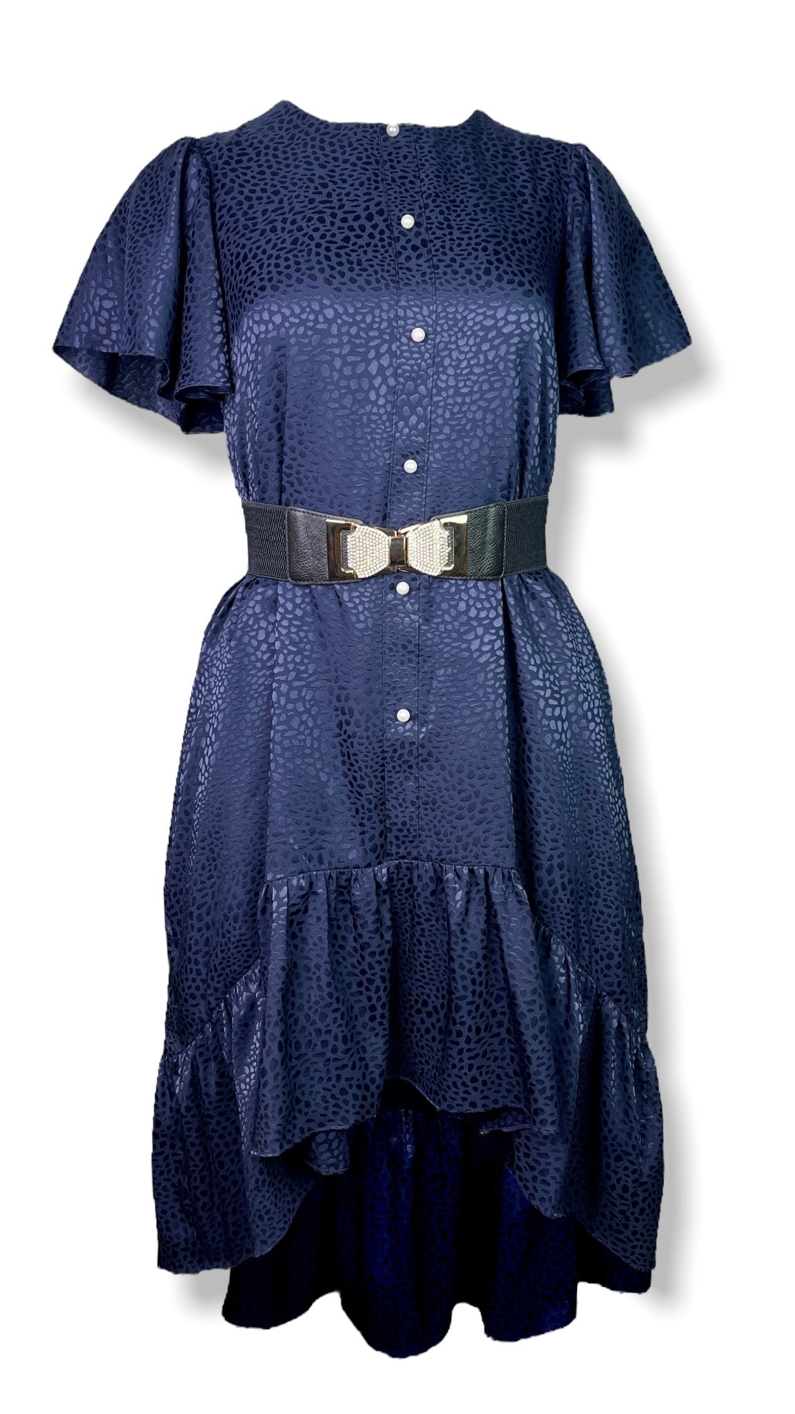 Ruffle High Low Tunic Dress In Navy Blue - Mia & Jon