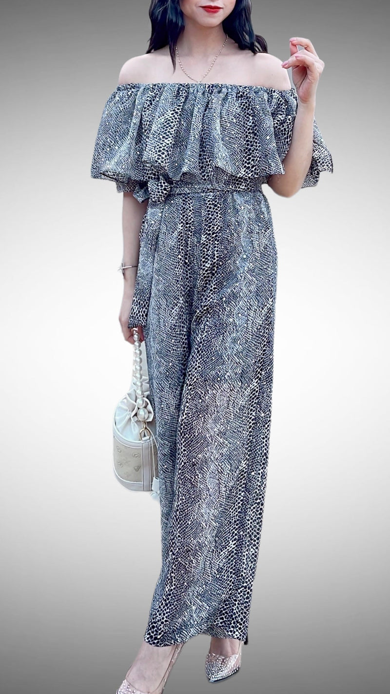 Sparkle Off Shoulder Snake Print Jumpsuit - Mia & Jon