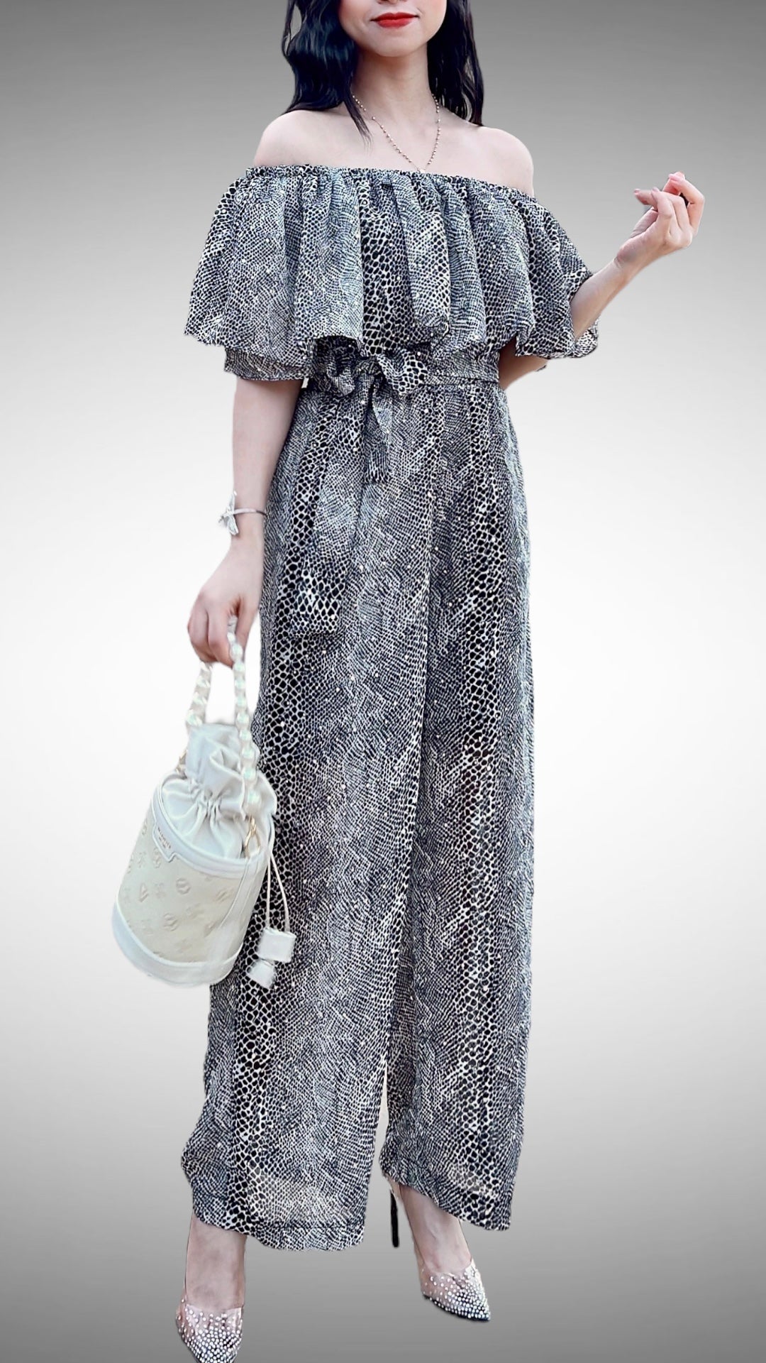 Sparkle Off Shoulder Snake Print Jumpsuit - Mia & Jon