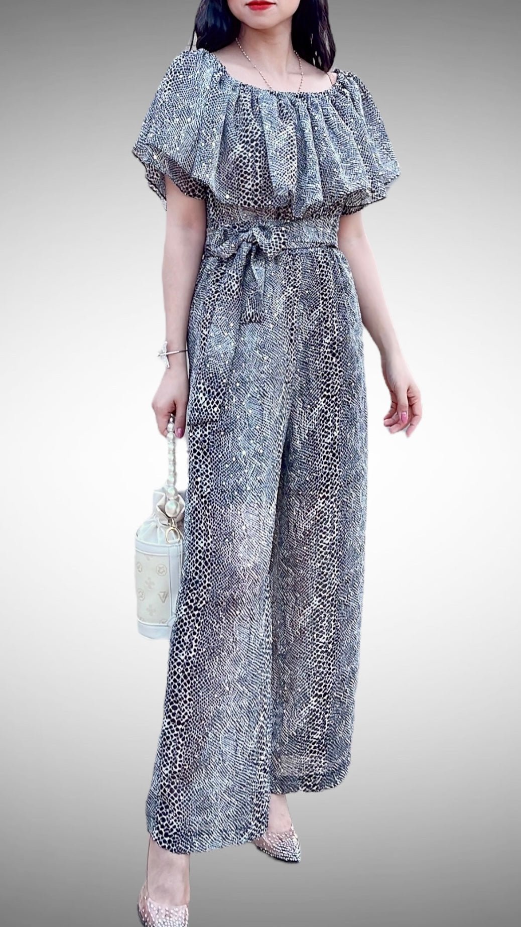 Sparkle Off Shoulder Snake Print Jumpsuit - Mia & Jon