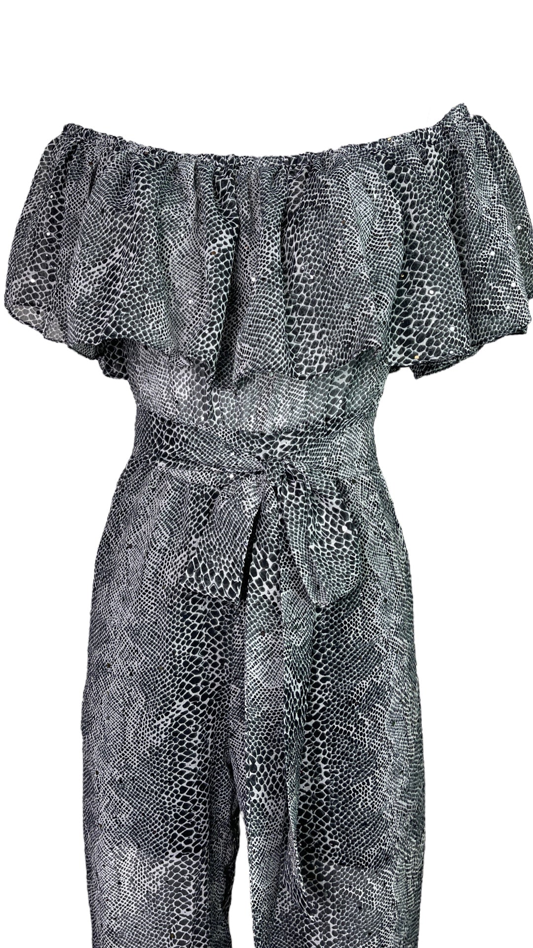Sparkle Off Shoulder Snake Print Jumpsuit - Mia & Jon