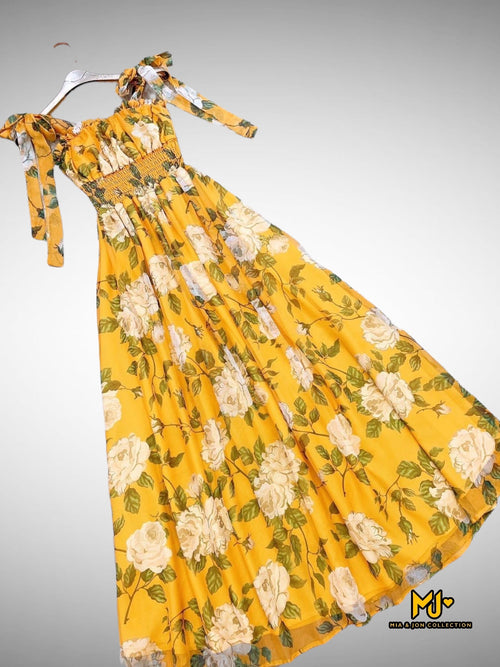 V1496 Yellow Floral-Print Knot Shoulder Tie Maxi Dress - Mia & Jon