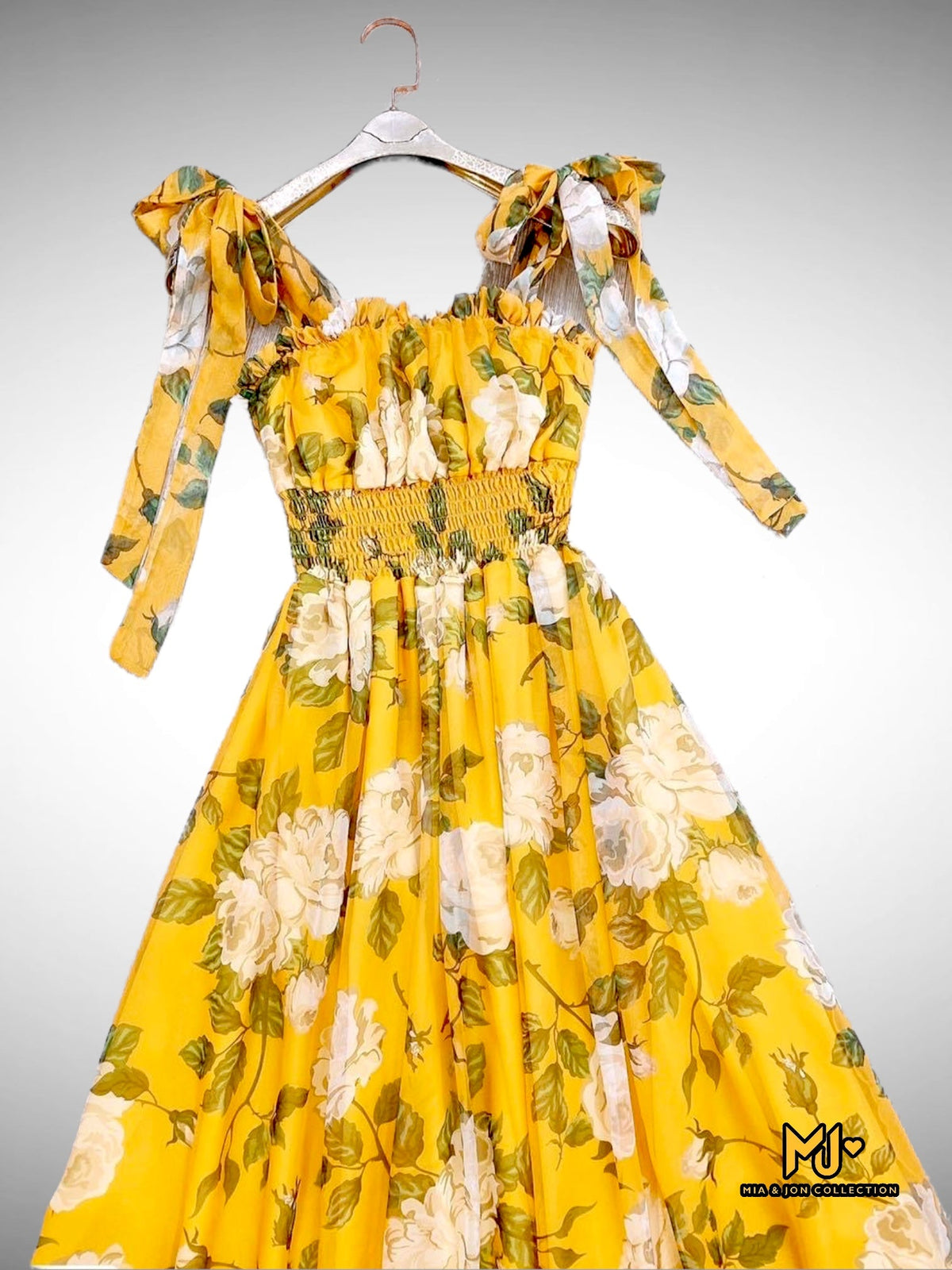 V1496 Yellow Floral-Print Knot Shoulder Tie Maxi Dress - Mia & Jon