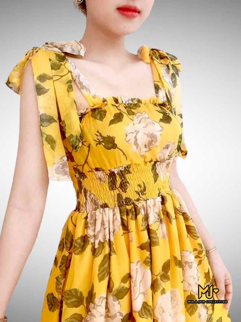 V1496 Yellow Floral-Print Knot Shoulder Tie Maxi Dress - Mia & Jon