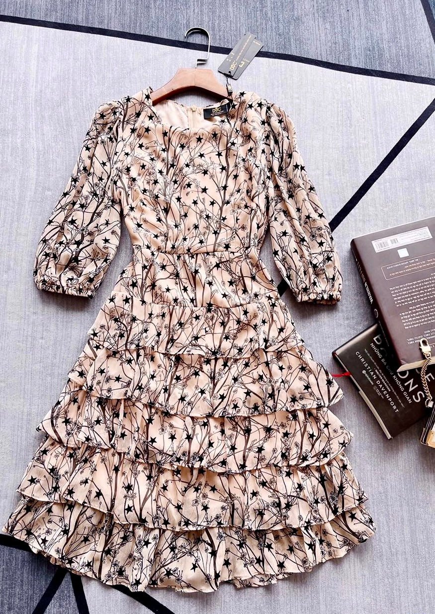 V1807 Star Print Tiered Chiffon Dress - Mia & Jon