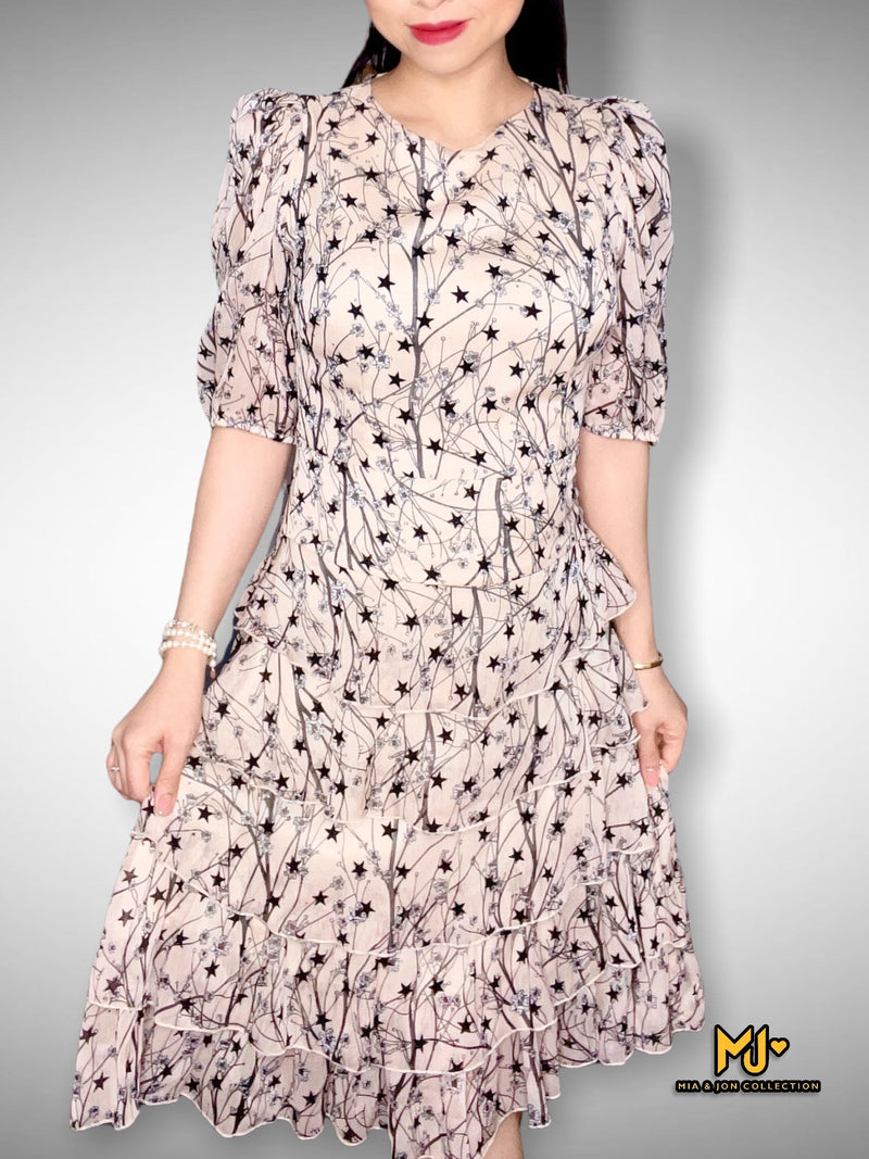 V1807 Star Print Tiered Chiffon Dress - Mia & Jon