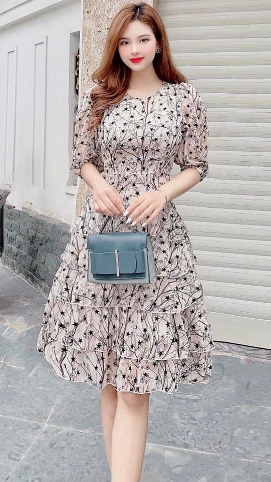 V1807 Star Print Tiered Chiffon Dress - Mia & Jon