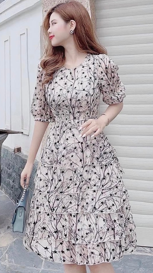 V1807 Star Print Tiered Chiffon Dress - Mia & Jon