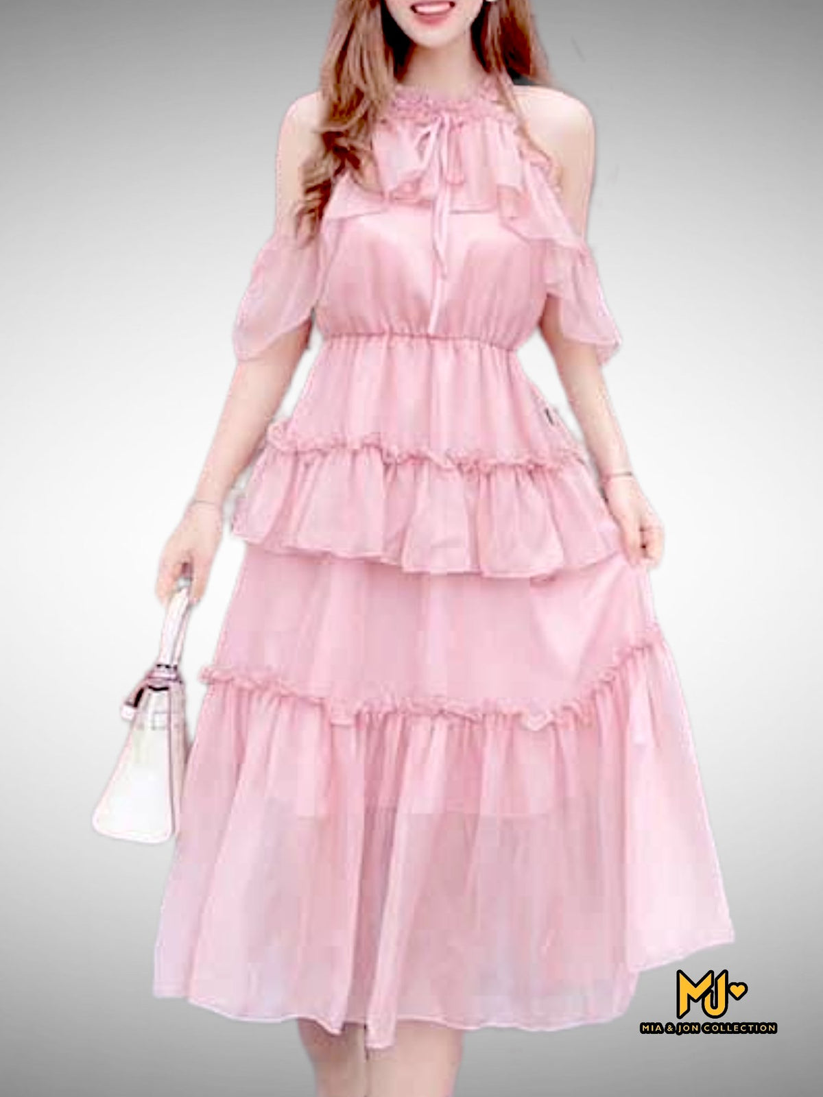 V1850 Cute Rose Pink Ruffle Midi Dress - Mia & Jon