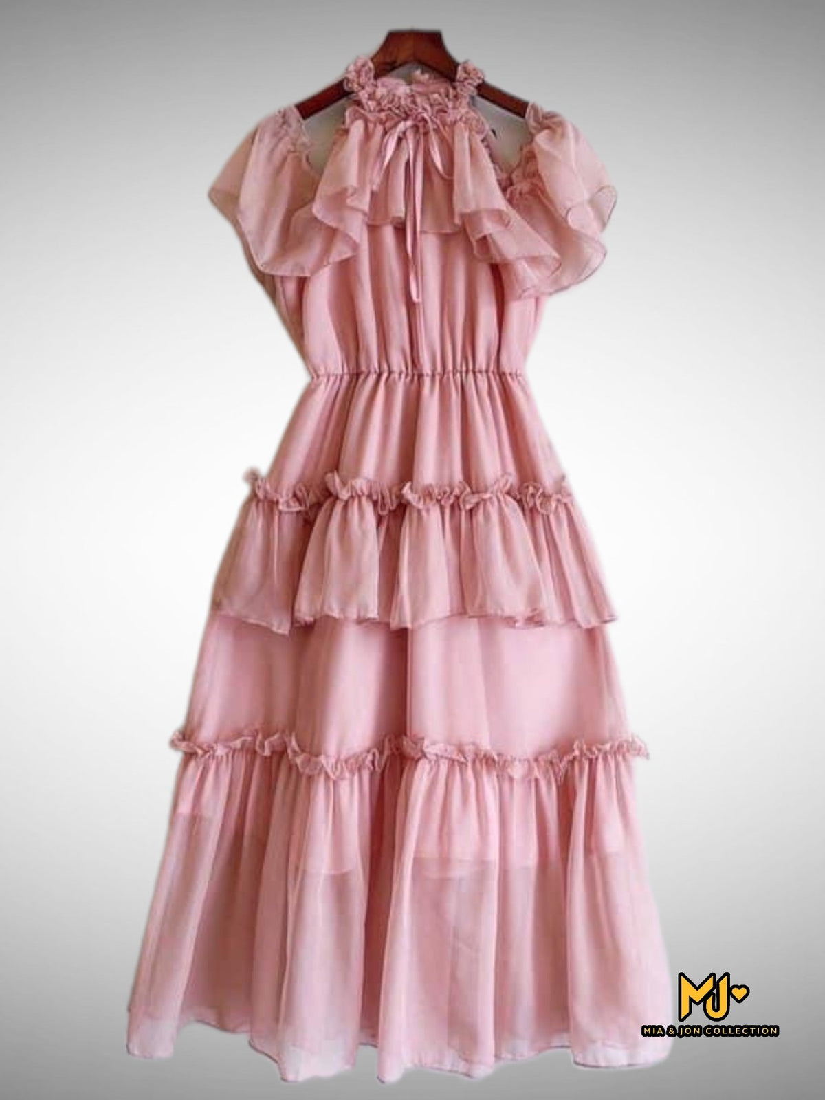 V1850 Cute Rose Pink Ruffle Midi Dress - Mia & Jon
