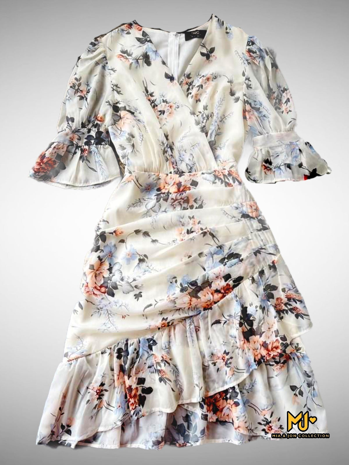 V1869 Floral Surplice Neckline Dress - Mia & Jon