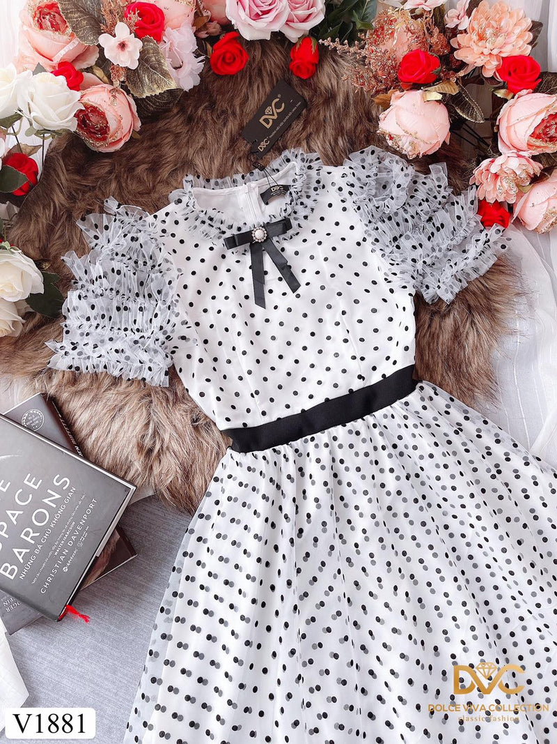 V1881 Ruffle Sleeves Polka Dot Mesh Dress - Mia & Jon