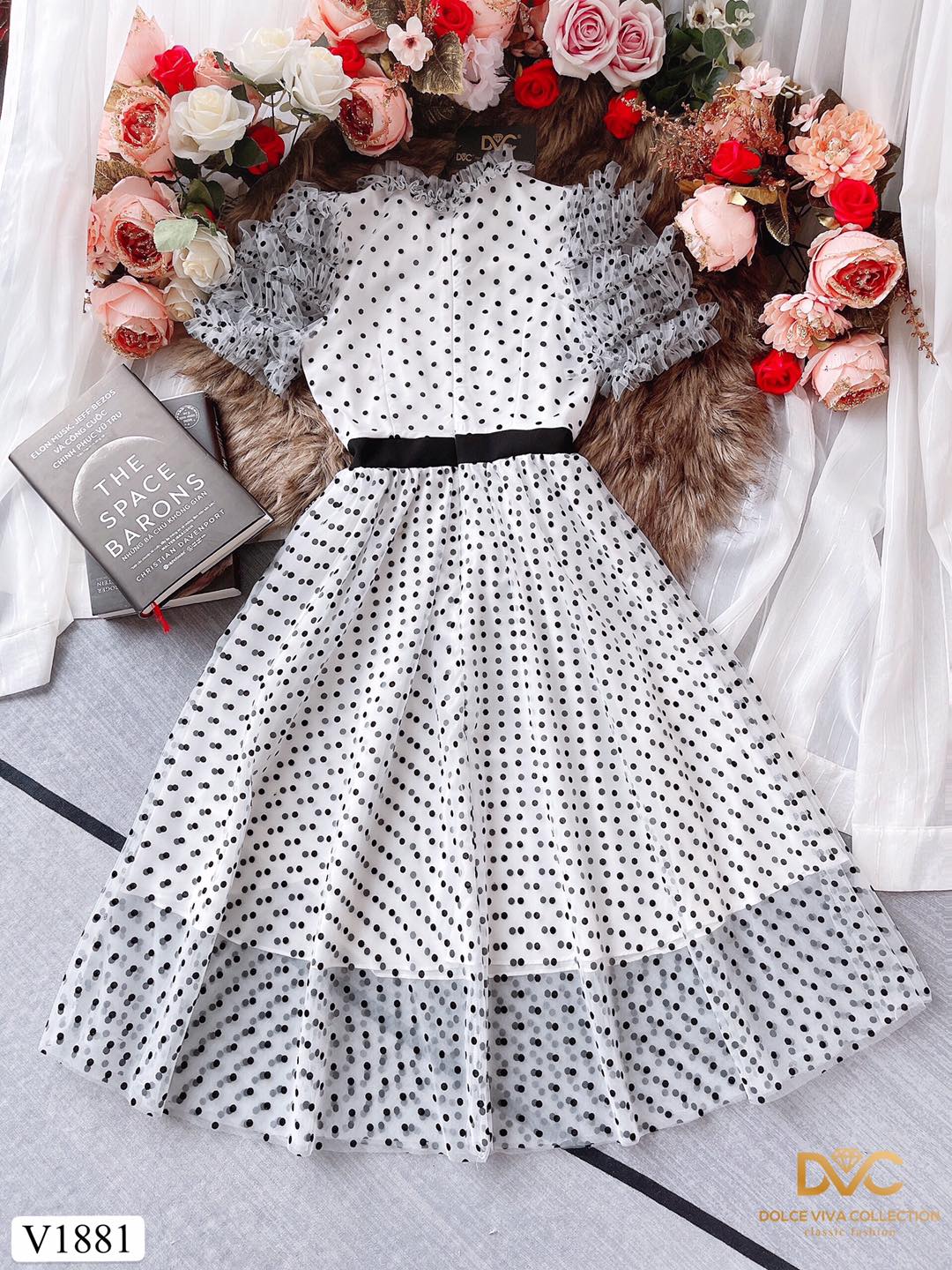 V1881 Ruffle Sleeves Polka Dot Mesh Dress - Mia & Jon