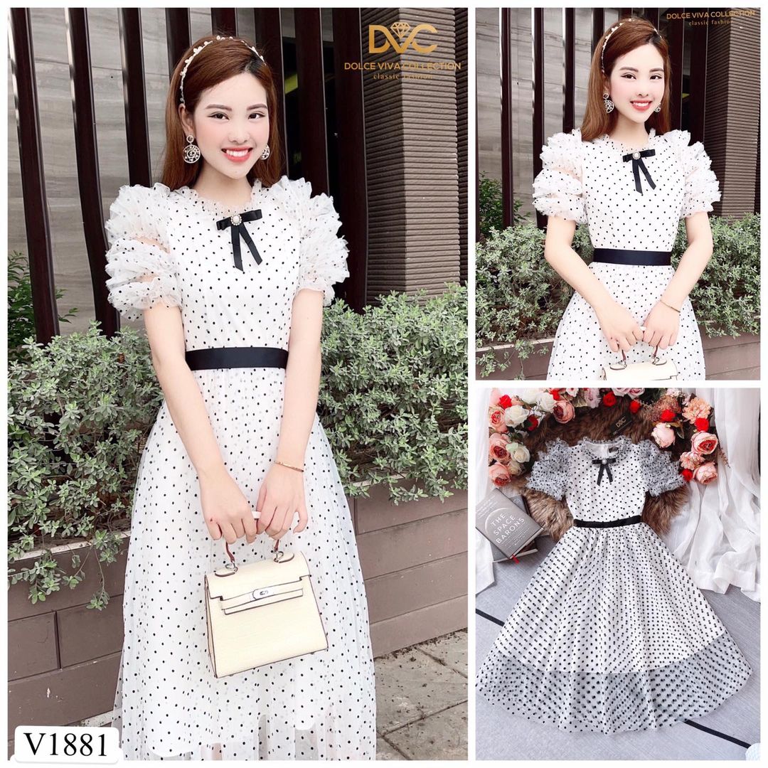 V1881 Ruffle Sleeves Polka Dot Mesh Dress - Mia & Jon