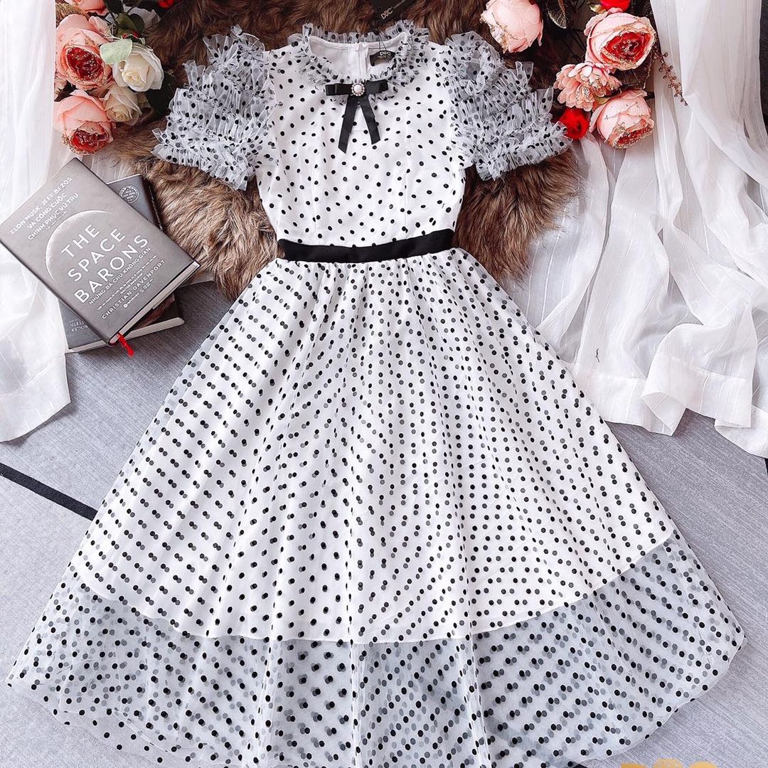 V1881 Ruffle Sleeves Polka Dot Mesh Dress - Mia & Jon