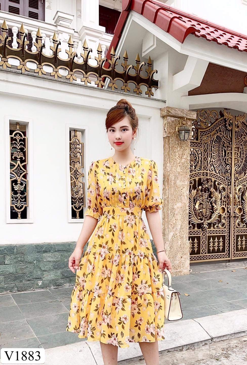 V1883 Yellow Floral-Print Fit & Flare Dress - Mia & Jon