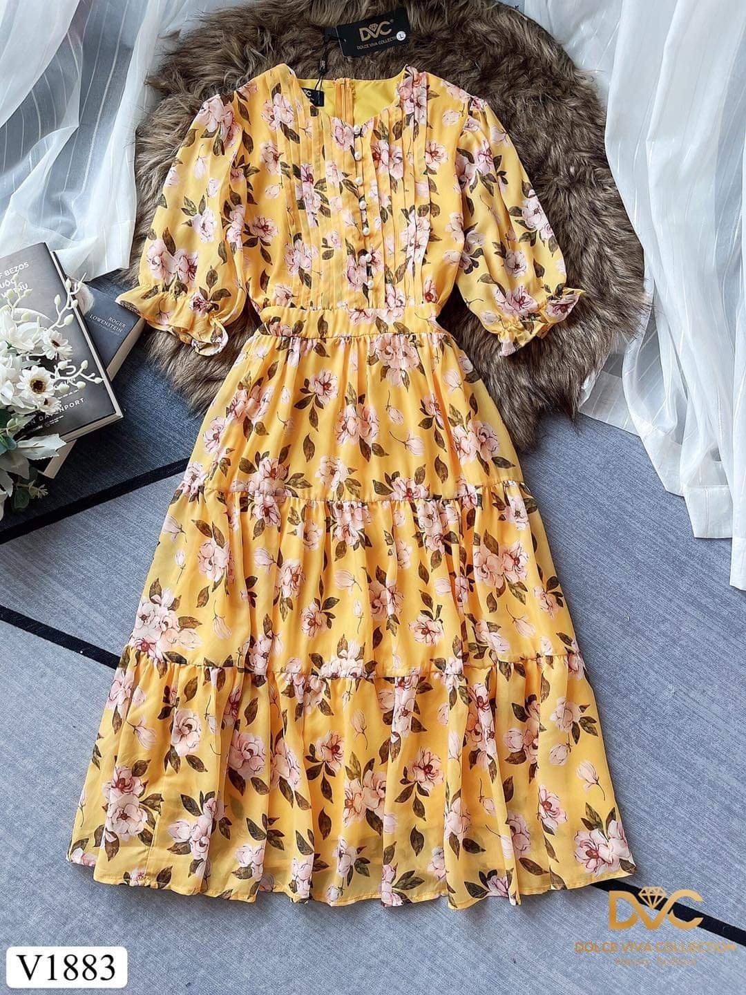 V1883 Yellow Floral-Print Fit & Flare Dress - Mia & Jon S V1883 Yellow Floral-Print Fit & Flare Dress - Mia & Jon S