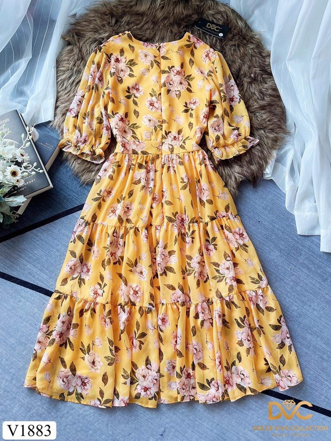 V1883 Yellow Floral-Print Fit & Flare Dress - Mia & Jon
