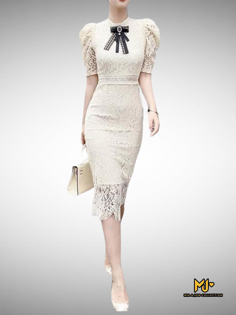 V1890 Puff Sleeve Bodycon Lace Dress - Mia & Jon