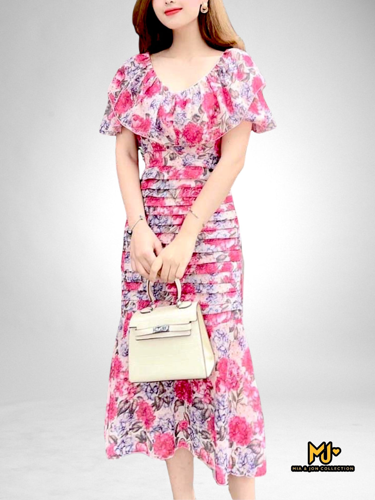 V1929 Floral-Print V-Neck Fishtail Dress - Mia & Jon