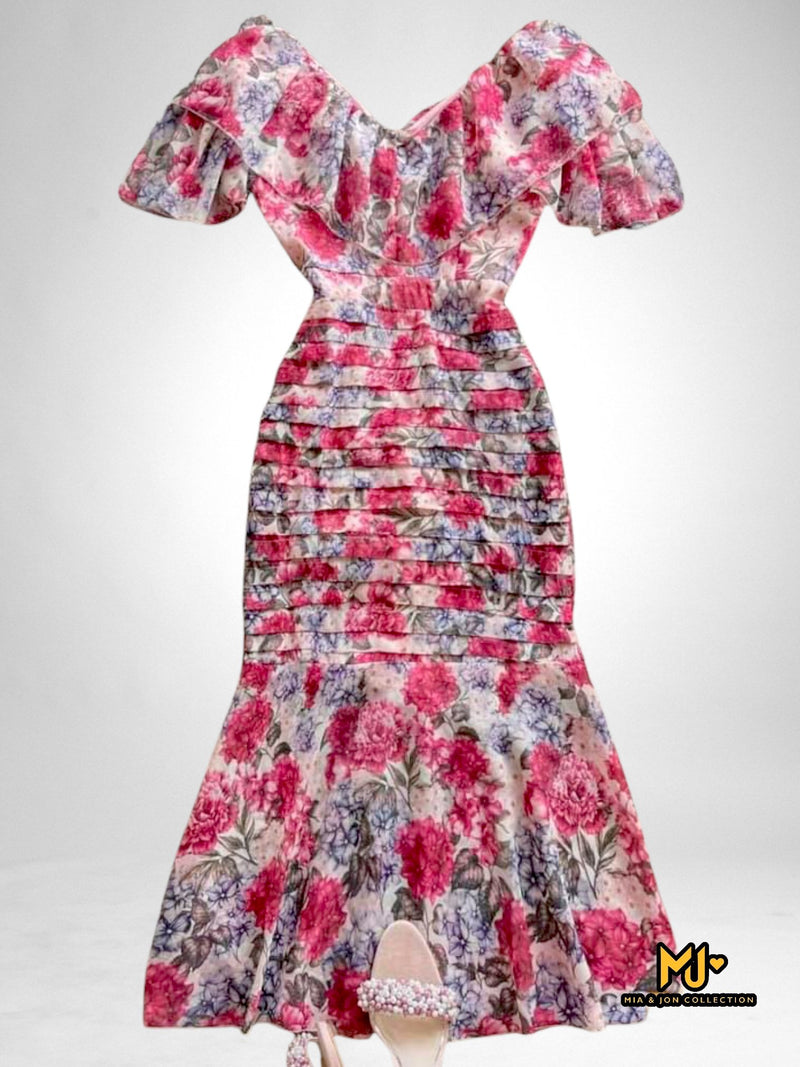 V1929 Floral-Print V-Neck Fishtail Dress - Mia & Jon