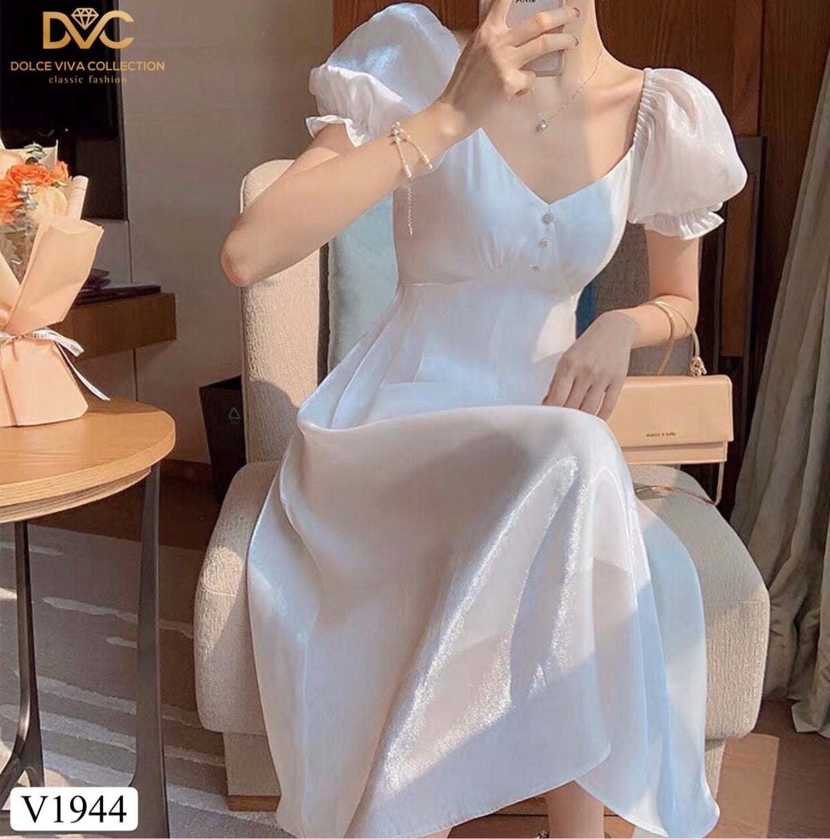 V1944 Three Buttons White Chiffon Dress - Mia & Jon