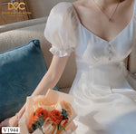 V1944 Three Buttons White Chiffon Dress - Mia & Jon