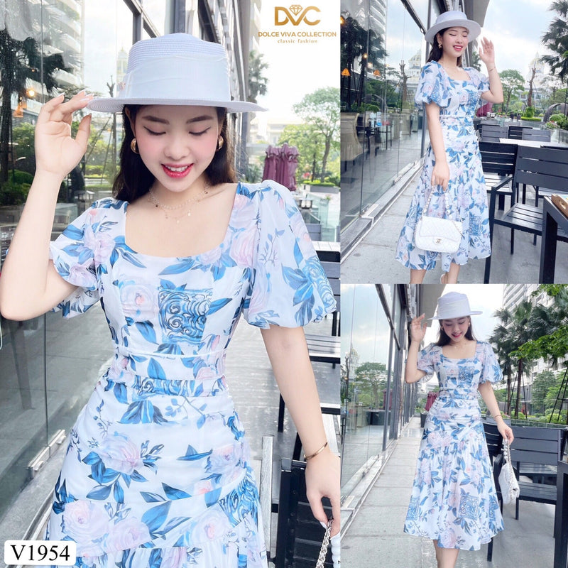 V1954 Floral Print Puff-Sleeves Midi Dress - Mia & Jon