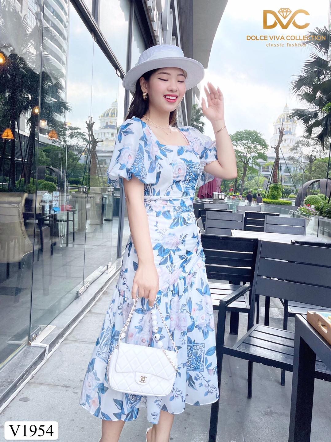V1954 Floral Print Puff-Sleeves Midi Dress - Mia & Jon