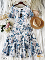 V1954 Floral Print Puff-Sleeves Midi Dress - Mia & Jon