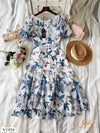 V1954 Floral Print Puff-Sleeves Midi Dress - Mia & Jon