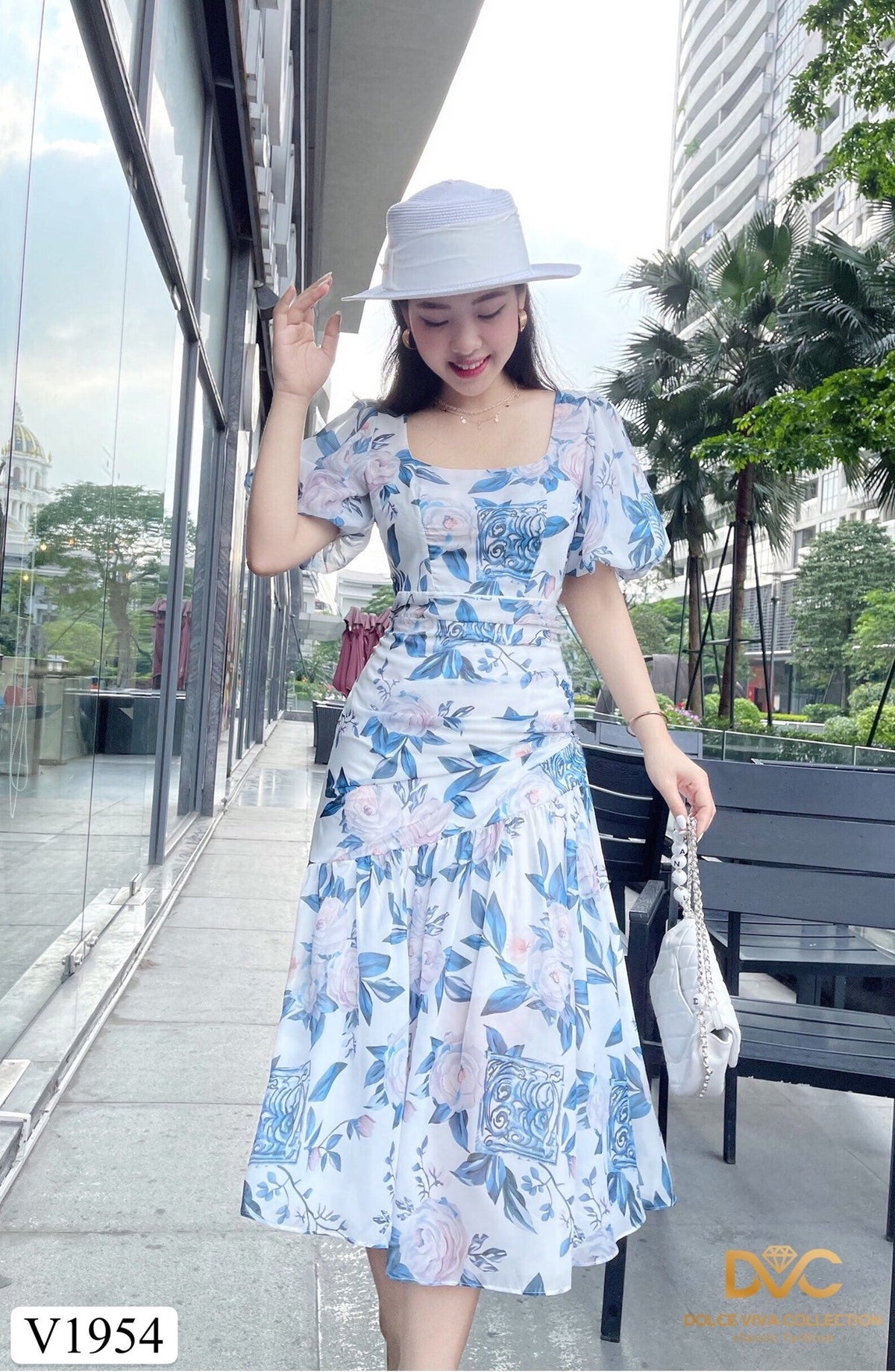 V1954 Floral Print Puff-Sleeves Midi Dress - Mia & Jon