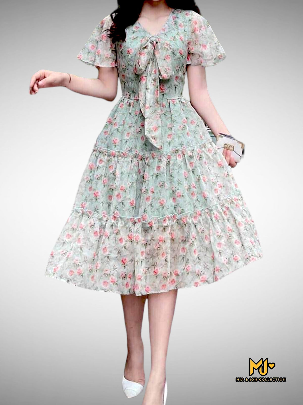V2053 Floral Print Tie Neck Chiffon Dress - Mia & Jon
