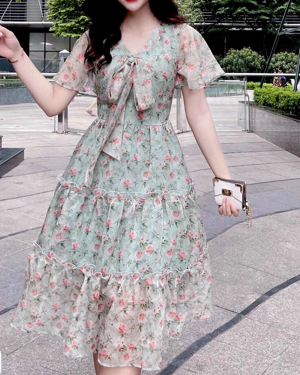 V2053 Floral Print Tie Neck Chiffon Dress - Mia & Jon