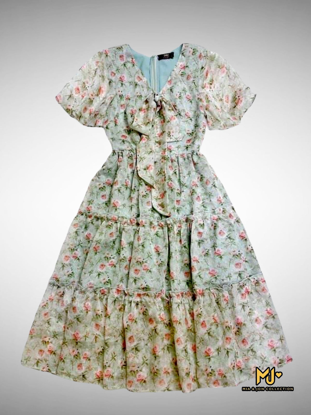 V2053 Floral Print Tie Neck Chiffon Dress - Mia & Jon