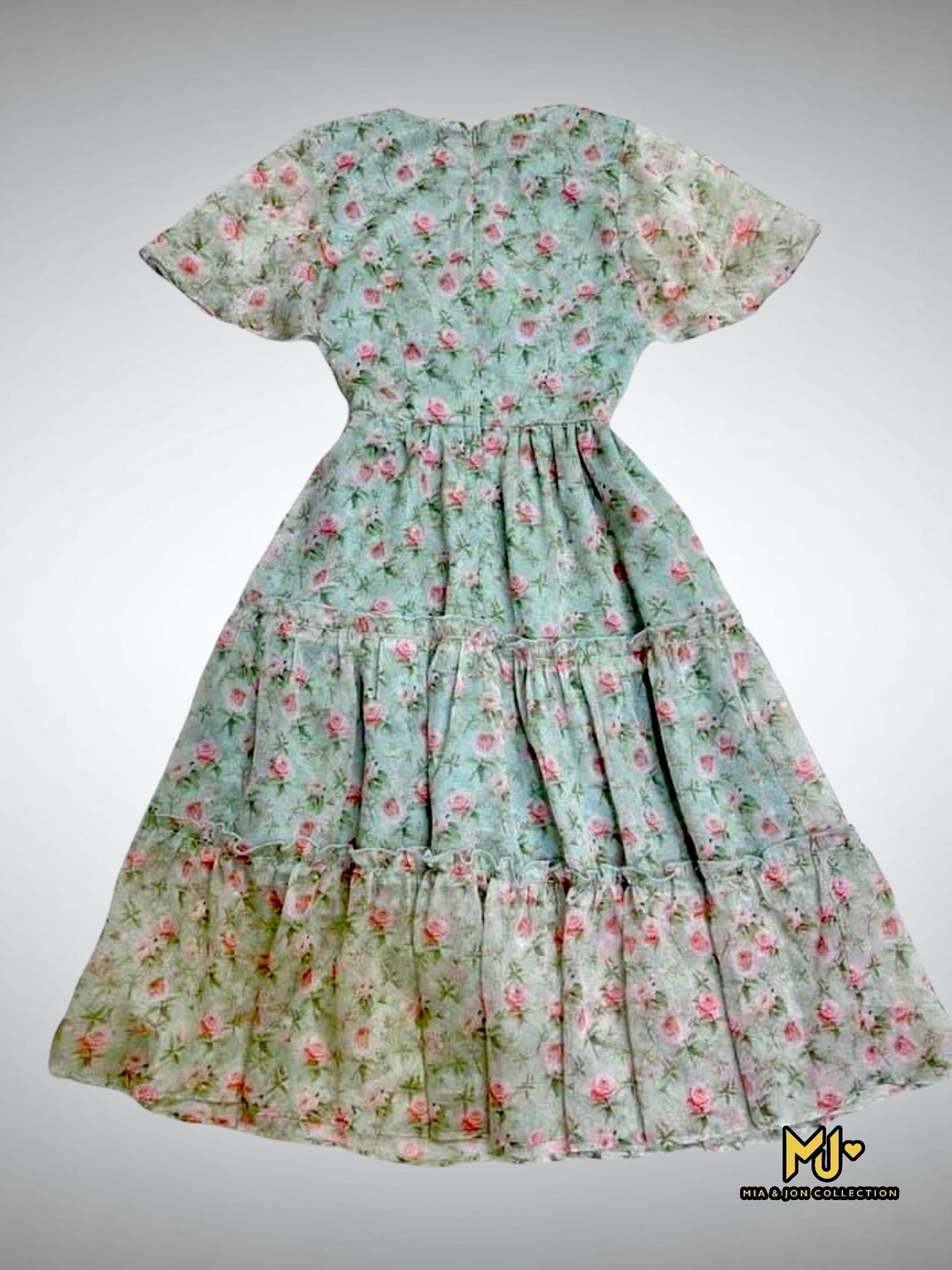 V2053 Floral Print Tie Neck Chiffon Dress - Mia & Jon