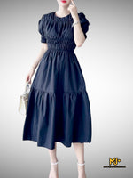 V2057 Black Shirred Midi Dress - Mia & Jon