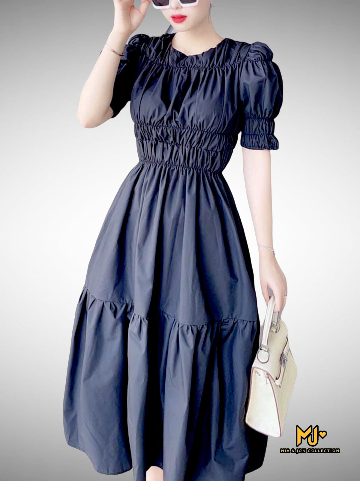 V2057 Black Shirred Midi Dress - Mia & Jon