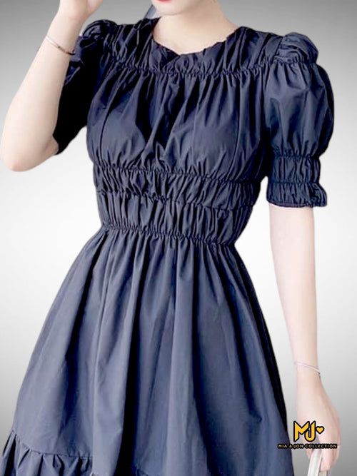 V2057 Black Shirred Midi Dress - Mia & Jon