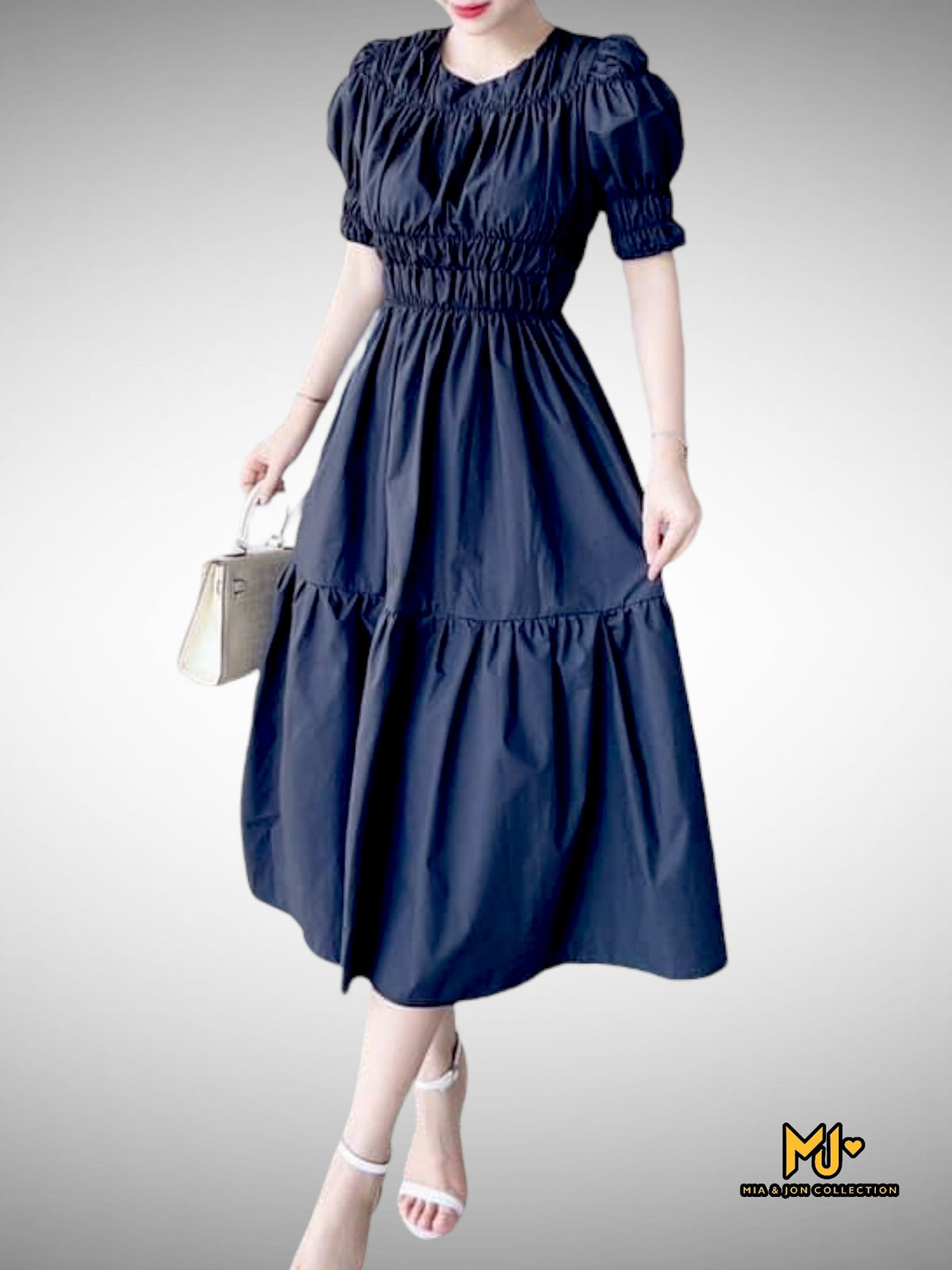 V2057 Black Shirred Midi Dress - Mia & Jon