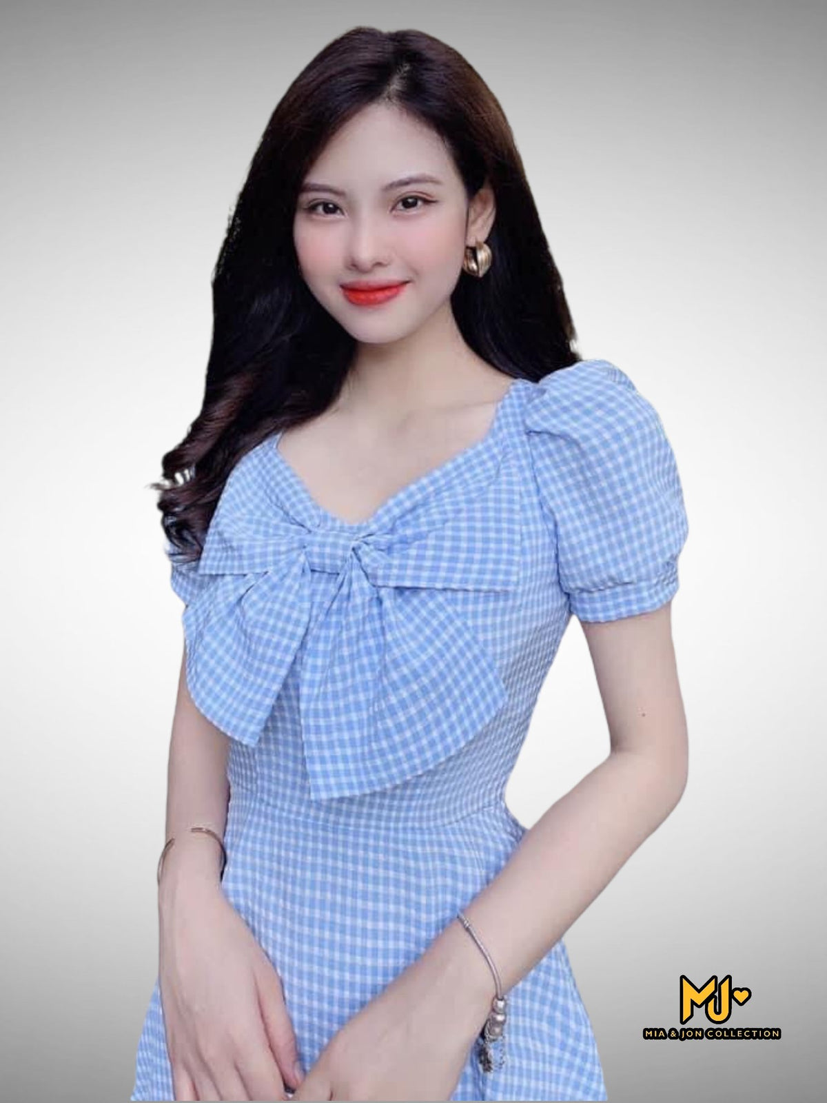 V2058 Chest Bow Plaid Dress - Mia & Jon