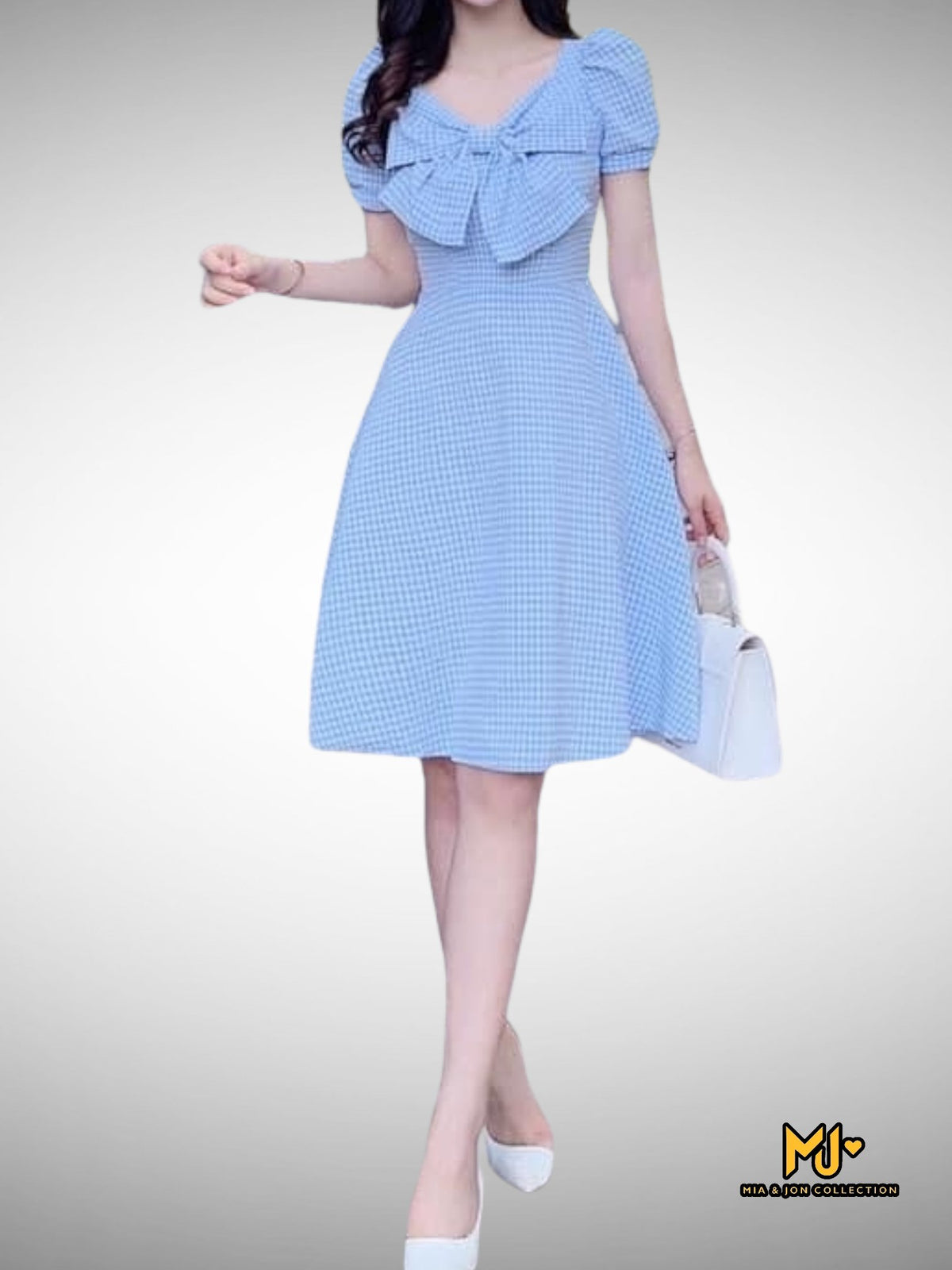 V2058 Chest Bow Plaid Dress - Mia & Jon