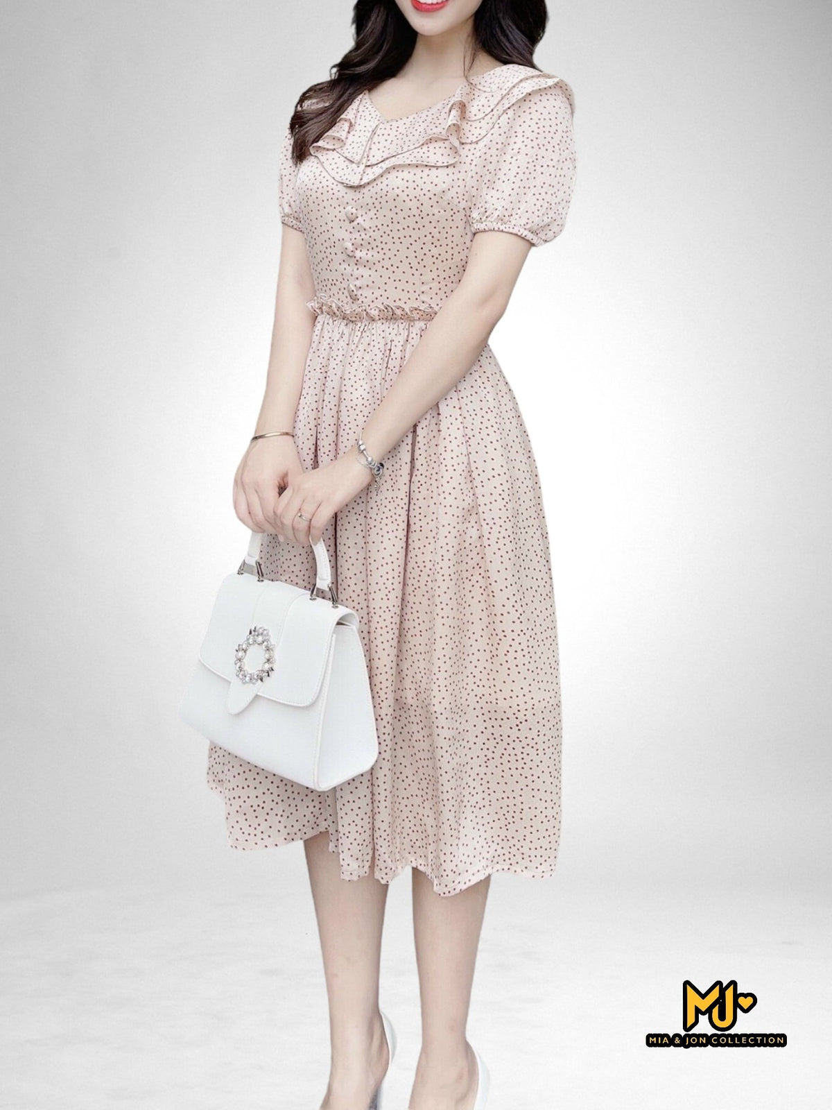 V2059 Beige Polka Dot Fit & Flare Dress - Mia & Jon