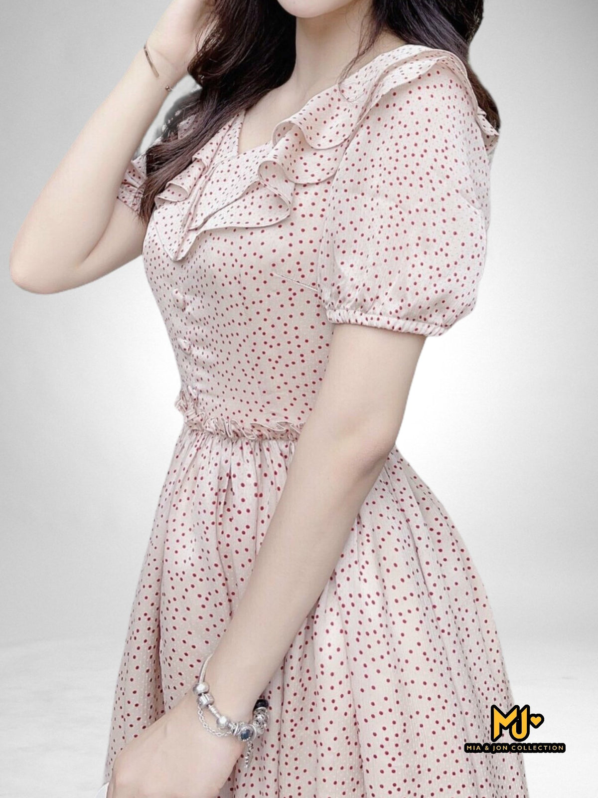 V2059 Beige Polka Dot Fit & Flare Dress - Mia & Jon