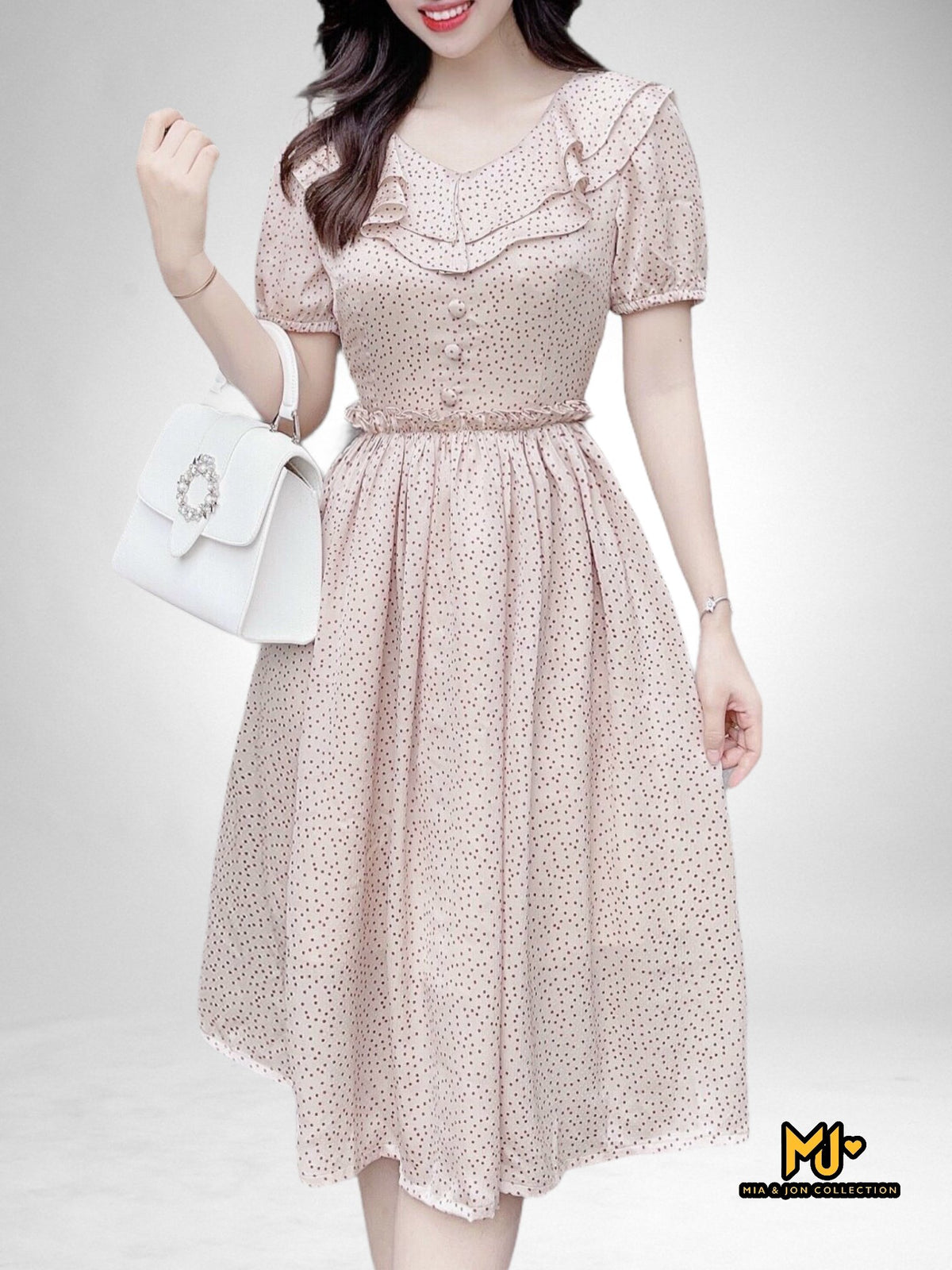V2059 Beige Polka Dot Fit & Flare Dress - Mia & Jon